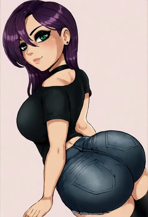 ((best quality)) ((best detail)) ((high quality background))1 girl, purple hair, black eyeliner, emerald eyes, black choker, bla...