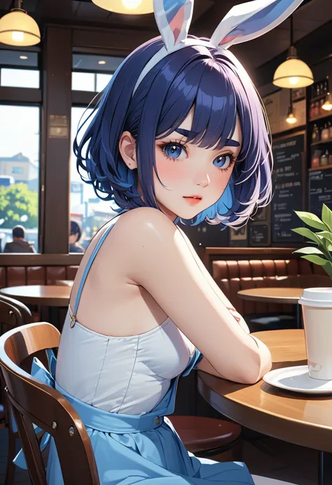 (masterpiece, best quality:1.1), (ultra highres, ultra-detailed:1.2),anime style illustration,Wearing a bunny girl costume in cafe, sitting, looking shy, BREAK (girl,16yo,detailed face,(darkblue hair,wavy-short hair),middle thick eyebrows,middle small brea...