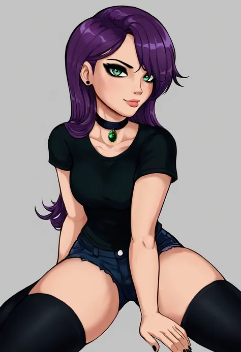 ((best quality)) ((best detail)) ((high quality background))1 girl, purple hair, black eyeliner, emerald eyes, black choker, bla...