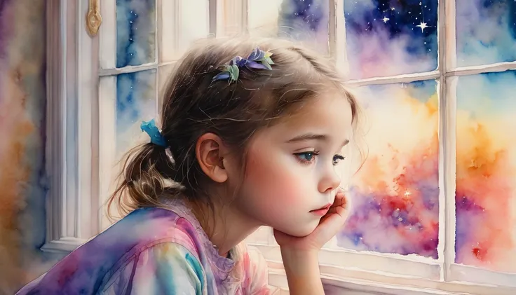 intrigued young girl immersed in thought near the window, starry sky above, colorful dreamy mist enveloping her, contemplative, whimsical and imaginative expression, watercolor, watercolor technique, delicate details of pencil sketch, soft pastel colors , ...