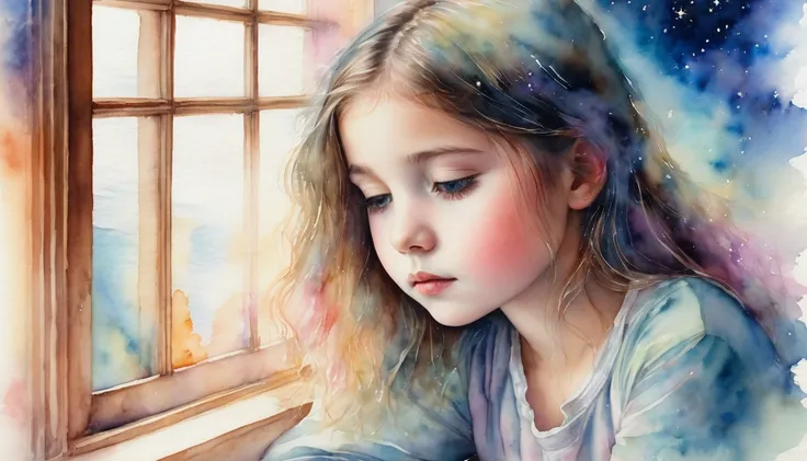 intrigued young girl immersed in thought near the window, starry sky above, colorful dreamy mist enveloping her, contemplative, whimsical and imaginative expression, watercolor, watercolor technique, delicate details of pencil sketch, soft pastel colors , ...