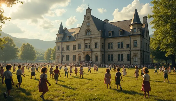 A large school with hundreds of students in the playground during recess, in Germany in the 1800s