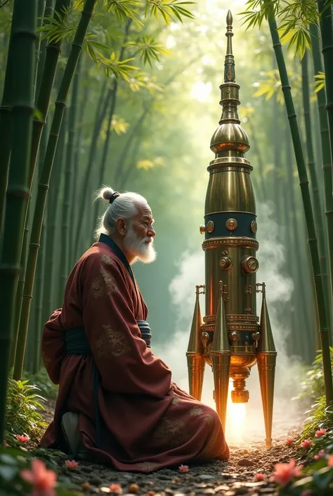 An elderly Japanese man from the Heian period worships a steampunk style rocket in a bamboo grove、