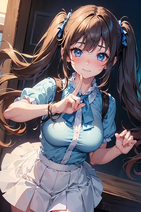 ((Tabletop, Highest quality, High resolution, Hmph, Pixel perfect, 4K, Hmph, Hmph))), One Girl, single, alone, Beauty、The whole body is visible、 ((Twin tails, bangs, Brown Hair)), ((Blue eyes, Beautiful eyelashes, Realistic eyes)), ((Detailed face, blush:1...