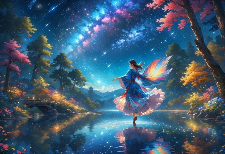 score_9, score_8_upper, score_7_upper,A woman in a beautiful feathered robe is dancing.,night,fantasy forest,night景,Firefly,lake,Crystal Sparkle,(masterpiece, Highest quality, Highest quality, Official Art, beautifull, beautiful:1.2,Ray Tracing),Very detai...