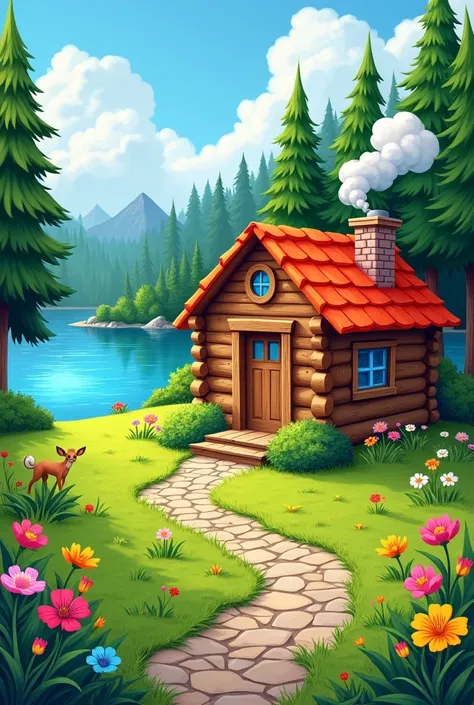 A cartoonish painting. A samll cabin near a lake there will be a pavement near the cabin. The cabin and lake is surrounded by a forest