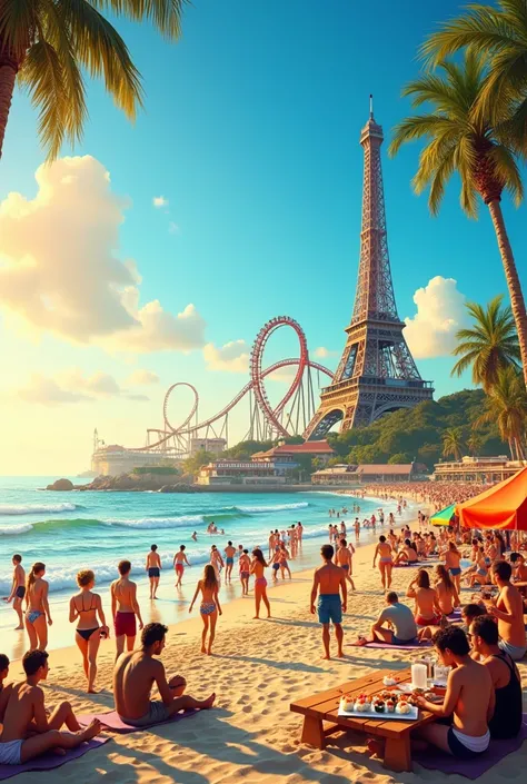 Make a picture of people playing volleyball and shopping on a beach and people eating sushi. In the background, place a roller coaster and the Eiffel Tower in Paris.. Put people playing volleyball on the beach