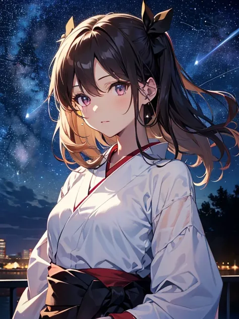 (Starry Sky:1.5), yukata, night, cute, Beauty, Tohsaka Rin, (masterpiece), highest quality, 1girl, uhd, retina, masterpiece, ccurate, anatomically correct, textured skin, super detail, high details, high quality, best quality, highres, 4K