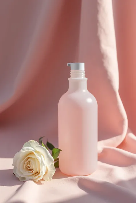 There is a pink opaque bottle，Not a big spot in the picture，Open space，There is a white rose next to the bottle，On pink cloth, Melancholy Rose Soft Light, Professional product photography, Official product images, With soft pink, 