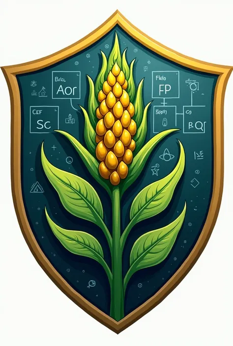 Create a football shield for a team called NPK, with a soybean plant as a symbol and the table of elements in the background
