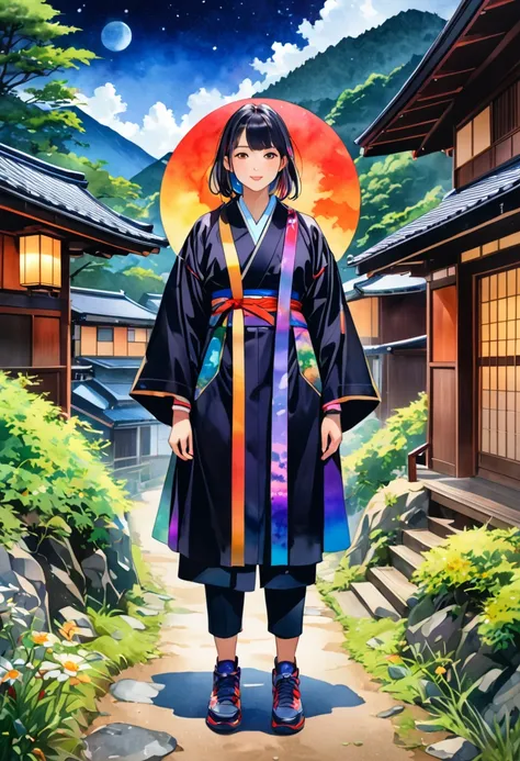 Full body illustration, One person, Anatomically correct, Colorful watercolor style, chromatic aberration, A village deep in the mountains of Japan, Dark Theme,壮大な星雲息を呑むような鮮やかな色合いエthereal星間きand othersめき好奇心誕生進化星太陽超星_Wide々Clear Sky Sunshine Panorama Ultra Su...