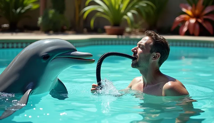 The dolphin&#39;s mouth is connected to a black hose、A dolphin is biting the end of a hose、The dolphin is in the pool、A man is holding a hose、Humans are expressionless