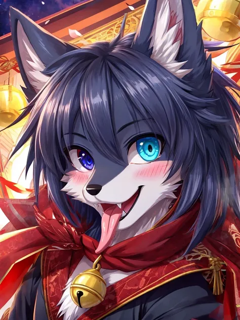 Blushing, Smile, Blue Eyes, high resolution, Anatomically correct, 最佳quality, HD model, High Detail, quality, 高quality, Wolf ears, Smile, Tongue, Lips slightly open, 吐Tongue, Heterochromia, Fangs,Seven-point lens, Bell, Anime style, 