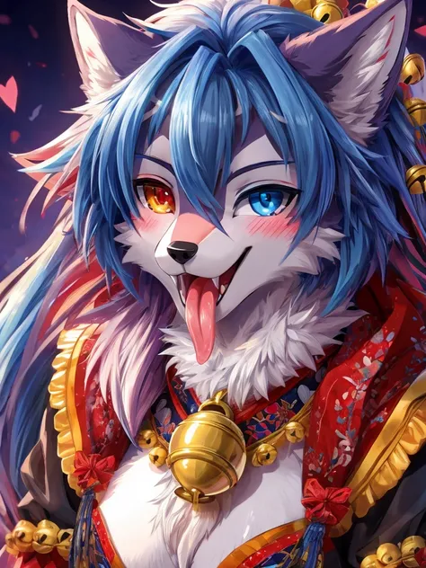 Blushing, Smile, Blue Eyes, high resolution, Anatomically correct, 最佳quality, HD model, High Detail, quality, 高quality, Wolf ears, Smile, Tongue, Lips slightly open, 吐Tongue, Heterochromia, Fangs,Seven-point lens, Bell, Anime style, 