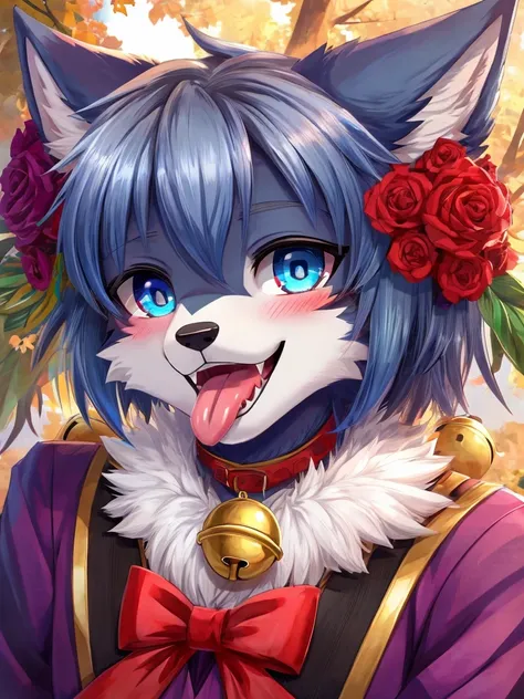 Blushing, Smile, Blue Eyes, high resolution, Anatomically correct, 最佳quality, HD model, High Detail, quality, 高quality, Wolf ears, Smile, Tongue, Lips slightly open, 吐Tongue, Heterochromia, Fangs,Seven-point lens, Bell, Anime style, 