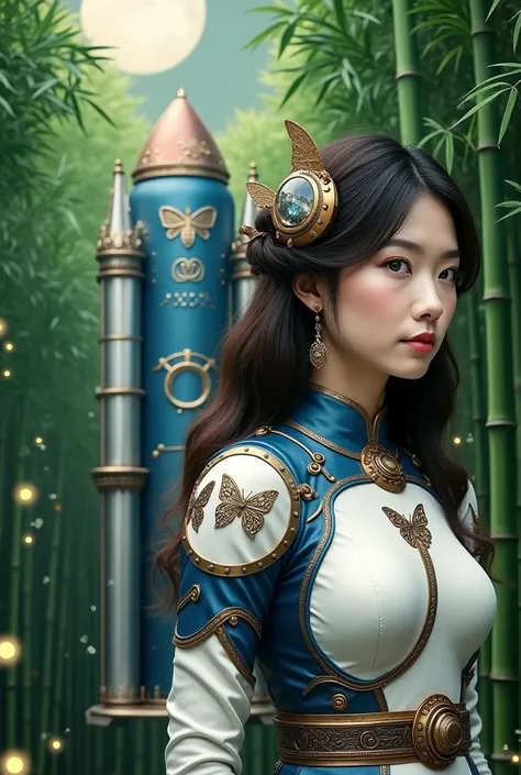 An incredibly beautiful Japanese woman in a steampunk style space suit is about to board a giant steampunk style butterfly space rocket、In the green bamboo forest, Rocket launch site、 Big Moon、Japanese, Chinese, young Asian, Beautiful Japanese Face, Tradit...