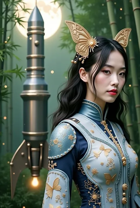 An incredibly beautiful Japanese woman in a steampunk style space suit is about to board a giant steampunk style butterfly space rocket、In the green bamboo forest, Rocket launch site、 Big Moon、Japanese, Chinese, young Asian, Beautiful Japanese Face, Tradit...