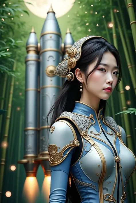 An incredibly beautiful Japanese woman in a steampunk style space suit is about to board a giant steampunk style butterfly space rocket、In the green bamboo forest, Rocket launch site、 Big Moon、Japanese, Chinese, young Asian, Beautiful Japanese Face, Tradit...