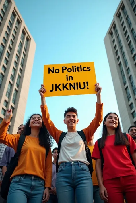 Make a photo 
Some young Students standing with a leaflet “ No Plitics in JKKNIU ”
Background should be 10 floors buildings both side Jatiya Kabi Kazi Nazrul Islam Universitys place