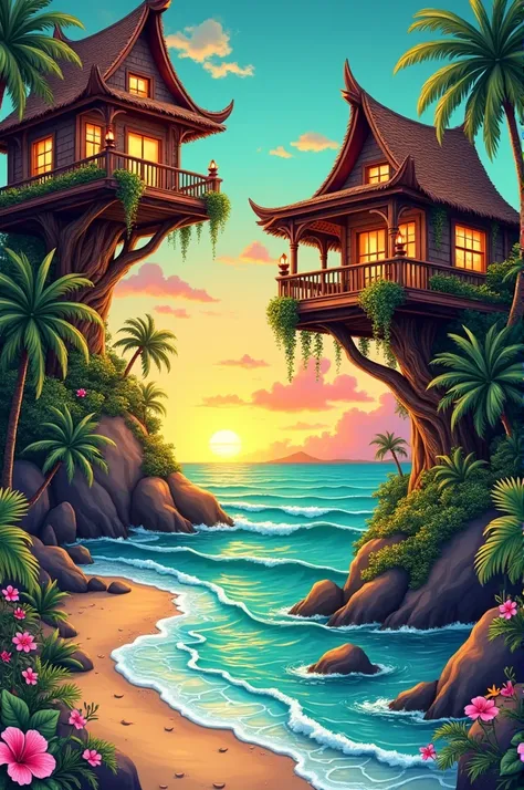 Tshirt design that cooperates fantasy "houses" and hawaiian theme