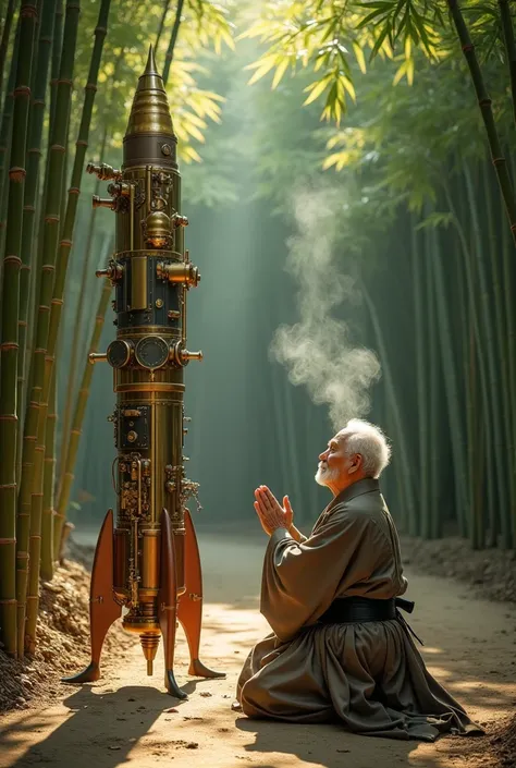 Couple､ Old man and woman、 An elderly Japanese man from the Heian period worships a steampunk style rocket in a bamboo grove、