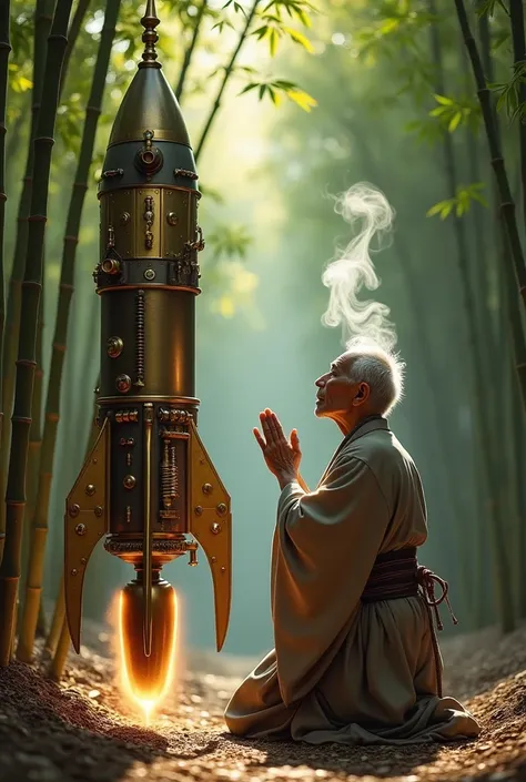 Couple､ Old man and woman、 An elderly Japanese man from the Heian period worships a steampunk style rocket in a bamboo grove、