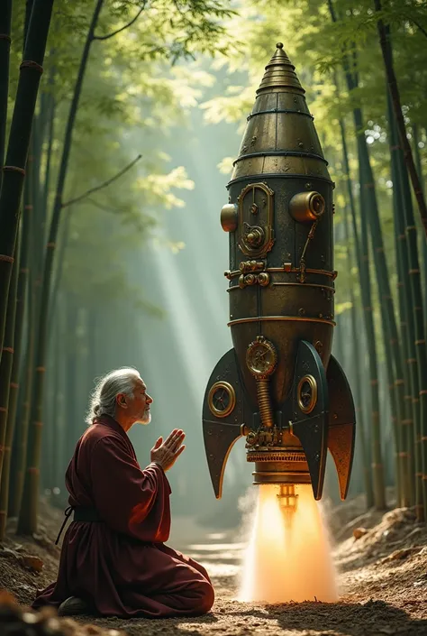 Couple､ Old man and woman、 An elderly Japanese man from the Heian period worships a steampunk style rocket in a bamboo grove、