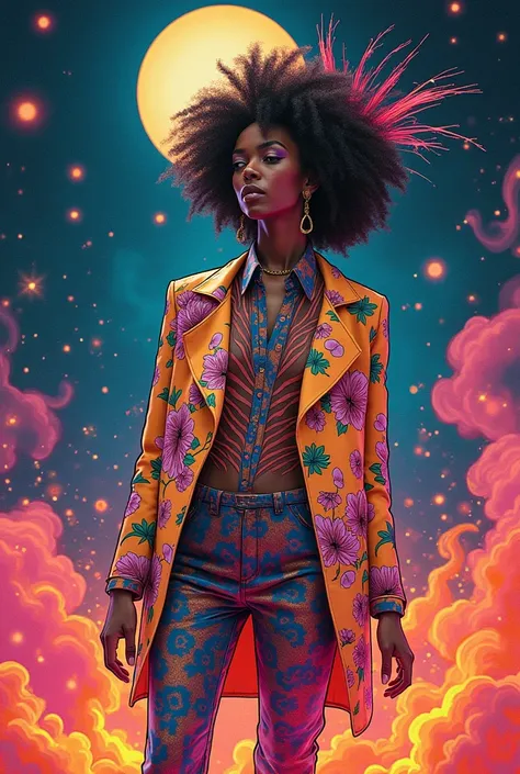 Blending of editorial photography and illustration, avant-garde pose of a person, illustration fashion outfit, surreal environment of vibrant bold illustrations blending with the subject, flowers, smoke, flames and sparkles, half photography and half illus...