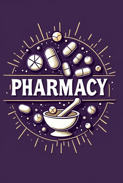 Create me a design for t-shirt for Pharmacy course a aesthetic design add the PHARMACY word in the middle with the logo of Pharmacy. Tha color of the designs should be a good combination with the purple colored shirt