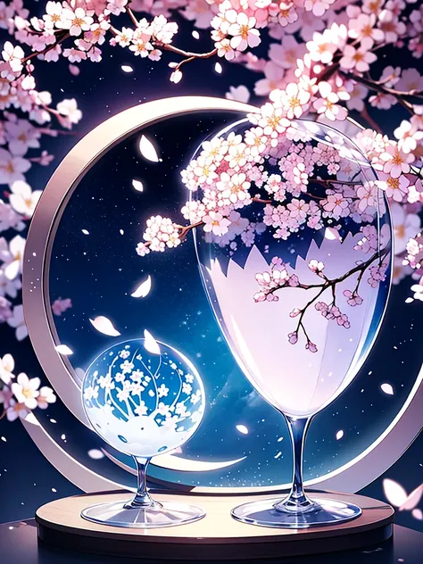 moon，transparent，Glass，Cherry blossoms，night