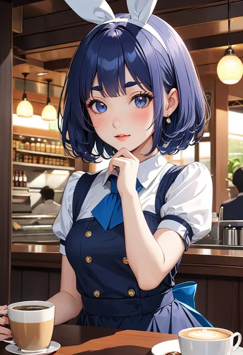 (masterpiece, best quality:1.1), (ultra highres, ultra-detailed:1.2),anime style illustration,Girl carrying coffee in a cafe,cafe Waitress,Wearing a bunny girl costume in cafe, looking shy, BREAK (girl,16yo,detailed face,(darkblue hair,wavy-short hair),mid...