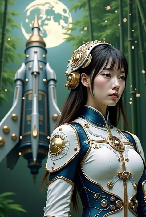 An incredibly beautiful Japanese woman in a steampunk style space suit is about to board a giant steampunk style butterfly space rocket、In the green bamboo forest, Rocket launch site、 Big Moon、Japanese, Chinese, young Asian, Beautiful Japanese Face, Tradit...