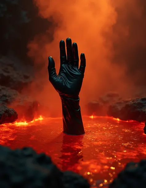 Terminator(movie) wearing black leather glove giving a middle finger up, (middle finger up:1.5), (middle finger up), only his hand sticking out from under the red hot magma pool, everywhere red by the heat, a scene from the movie, very famous scene, the cl...