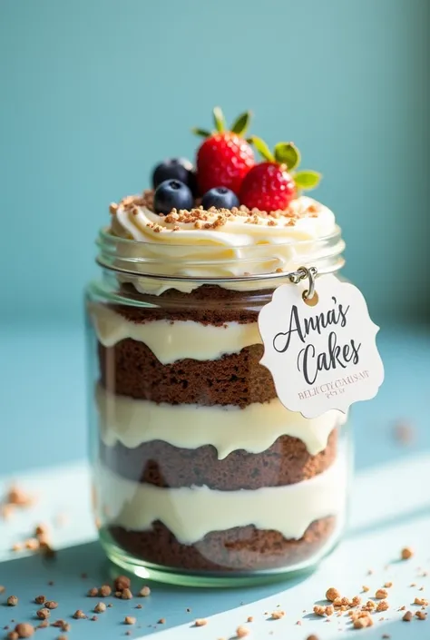 create an image of a realistic and detailed jar cake in slightly tilted perspective and with a pastel blue background and the central label written "Anna&#39;s cakes" with the pot closed