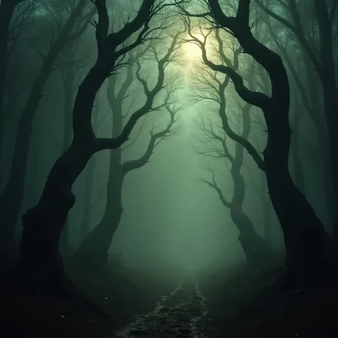 A scene of a deep, dark forest, surrounded by mist, and the branches of the trees moving strangely.