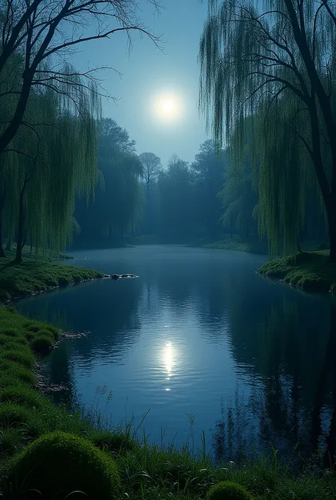 Large round pond in the forest with moss and grass at night. Full moon in the sky. Many weeping willows in the background around the pond. Landscape format. Pond borders in circular format at the bottom and right corner of the image 