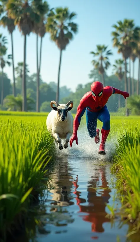 Spiderman in a vibrant rice field in Indonesia, leaping into a water-filled paddy as he’s chased from behind by a horned sheep. The background showcases lush green rice plants swaying in the breeze with palm trees in the distance. The sheep’s determined ex...