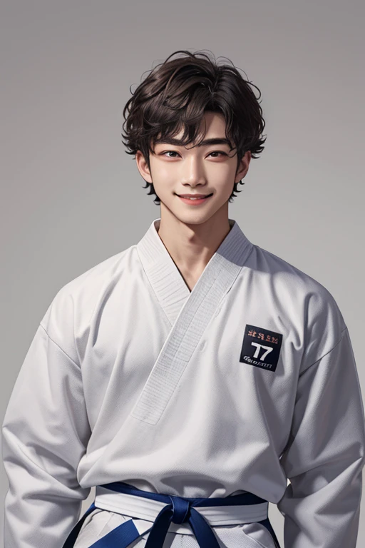 A boy with dark brown wool curly short hair，Age 25，Double eyelid brown eyes，Its cute to smile，Height 175cm，Wearing Taekwondo clothes