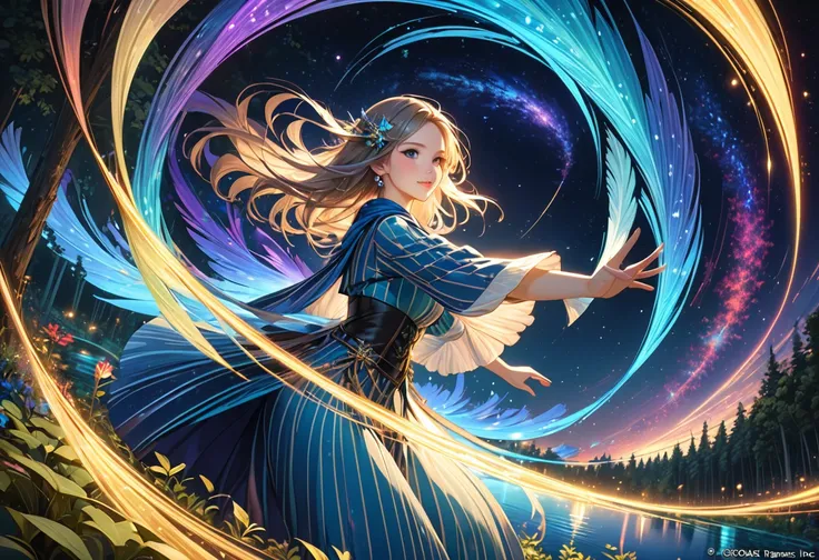 score_9, score_8_upper, score_7_upper,A woman in a beautiful feathered robe is dancing.,night,fantasy forest,night景,Firefly,lake,Crystal Sparkle,(masterpiece, Highest quality, Highest quality, Official Art, beautifull, beautiful:1.2,Ray Tracing),Very detai...