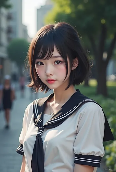 Realistic glowing skin, (sweating:1.4),Stand backwards,Look back at your face,Always look at the camera, (When the uniform gets wet with sweat, it becomes transparent..:1.4),(sweating:1.2),(Nipples:1.8),
Classic black and white sailor uniform,Summer clothe...