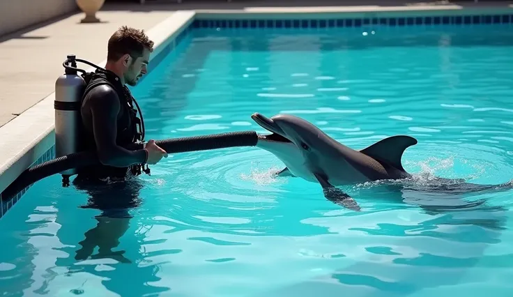 The dolphin&#39;s mouth is connected to a black hose、A dolphin is biting the end of a hose、The dolphin is in the pool、A man is holding a hose、Man is wearing scuba diving clothes、Humans are expressionless