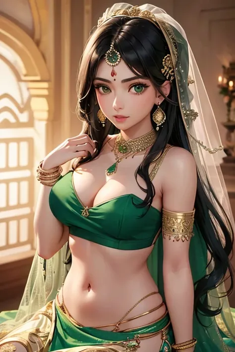 4K, UHD, masterpeice, 1 girl, good face, detailed eyes, detailed lips, very long hair, straight hair, very long hair, beautiful hair, hair ornaments, hairband, gradient hair, ((green lehenga)), ((bridal lehenga)), ((decorated blouse)), sardine, ((ornament ...