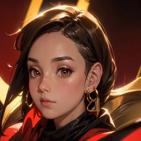 close-up shot of 1girl, wearing a mask, golden earrings, red background, bokeh, intricate details, hyper-realistic, cinematic lighting, masterpiece, award winner.
