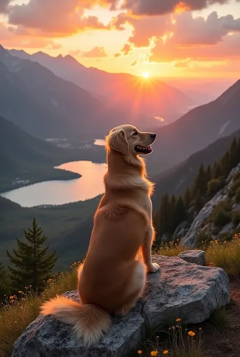 Dog sitting on the top of the mountain seeing great beautiful scenery 