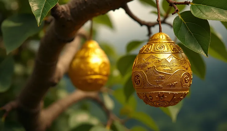 Create a close-up image of a golden fruit hanging from one of the branches of the sturdy tree, with small detailed inscriptions representing different forms of wealth: gold, Lands, trade. Ao fundo, defocused, the storm begins to form, but the fruit remains...