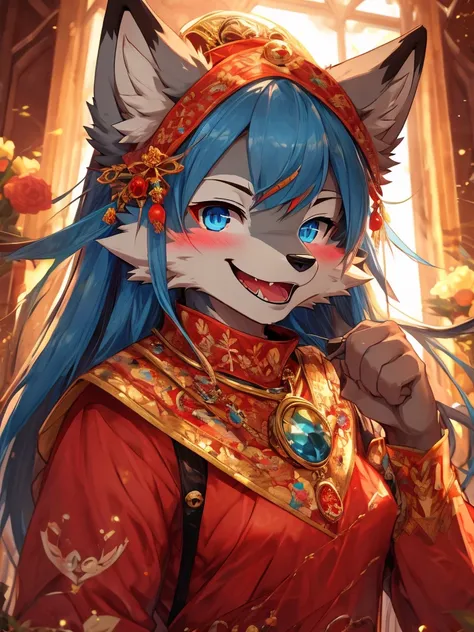 Blushing, Smile, Blue Eyes, high resolution, Anatomically correct, 最佳quality, HD model, High Detail, quality, 高quality, Wolf ears, Smile, Tongue, Lips slightly open, Heterochromia, Fangs,Seven-point lens, Bell, Anime style, Lips slightly open, 