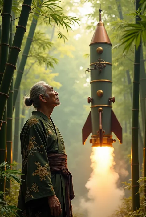 Couple､ Old man and woman、 An elderly Japanese man from the Heian period looks up and worships a gigantic steampunk style rocket in a bamboo grove、