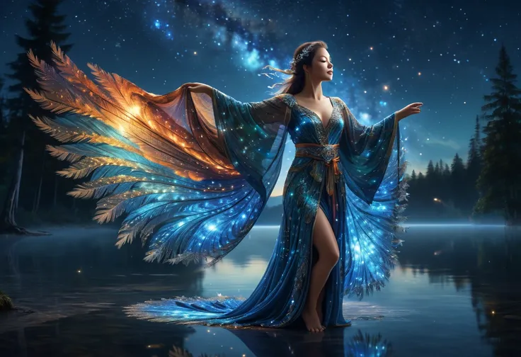 score_9, score_8_upper, score_7_upper,A woman in a beautiful feathered robe is dancing.,night,fantasy forest,night景,Firefly,lake,Crystal Sparkle,(masterpiece, Highest quality, Highest quality, Official Art, beautifull, beautiful:1.2,Ray Tracing),Very detai...