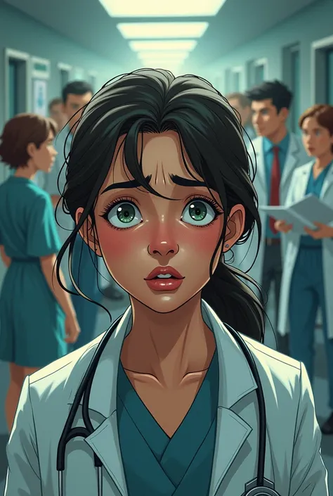 book page illustration, a female doctor with a scared face, in hospital, and in the background several people as if sick and doctors helping them. Close up on the character&#39;s face.