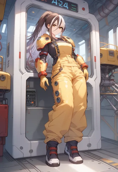 Azaz, white hair, brown eyes, brown hair, long hair, ponytail, streaked hair, multicolored hair, hair between eyes, 



breasts, wide hips, looking at viewer, pierp, armlet, armor jumpsuit, yellow latex armor overalls, yellow latex jumpsuit, sci-fi armor o...